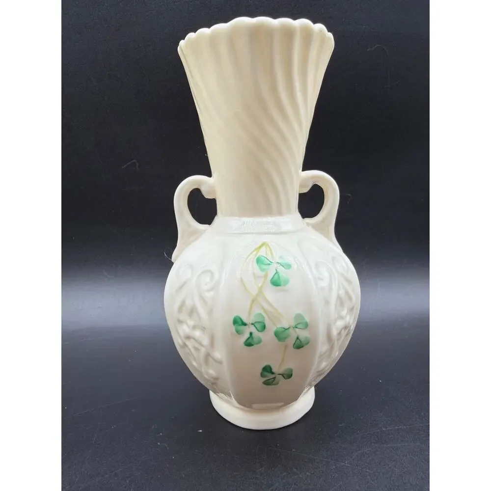 Vintage Belleek Ireland Shamrock Double Handle Vase Reg No 0857 Green Mark 6”